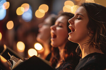 Young women singing in a choir, bokeh lights in the background