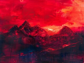 Fiery Impressionism - Captivating Red Sunset Over Majestic Mountain Range with Energetic Splashes