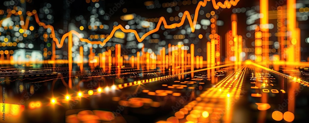 Poster Dynamic digital stock market interface showing data visualizations and glowing lines, representing financial growth and trends.