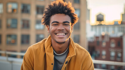 Portrait of a young urban man enjoying beautiful weather on his balcony letting see panorama of the city
