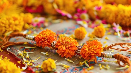 Banner displaying Raksha Bandhan festival with Rakhi and marigold decorations