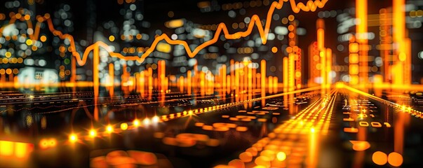 Dynamic digital stock market interface showing data visualizations and glowing lines, representing financial growth and trends.