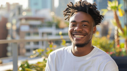 Portrait of a young urban man enjoying beautiful weather on his balcony letting see panorama of the city