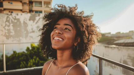 Portrait of a young urban woman enjoying beautiful weather on her balcony letting see panorama of the city