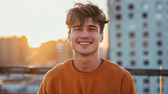 Portrait of a young urban man enjoying beautiful weather on his balcony letting see panorama of the city