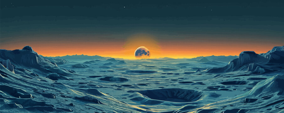 A surreal moonscape with rugged craters, jagged peaks, and a distant view of Earth rising over the horizon. Vector flat minimalistic isolated illustration.