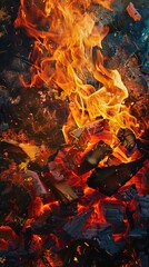 Vibrant Graffiti Art Depicting Close-Up of Campfire with Realistic Flames and Embers in Warm Tints and Tones