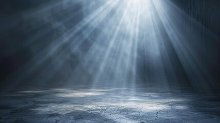 Beam Light. Divine Rays Through Dark Fog Highlighting Floor in Spotlight. Mystical and Dynamic Natural Illumination Concept
