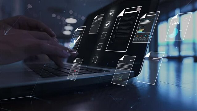Document management concept, Businesswomen check electronic documents on digital documents on virtual screen Document Management System and process automation to efficiently document paperless operate