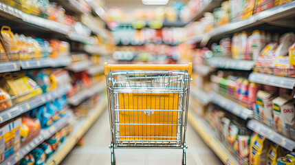 Shopping concept, cart with goods on supermarket background