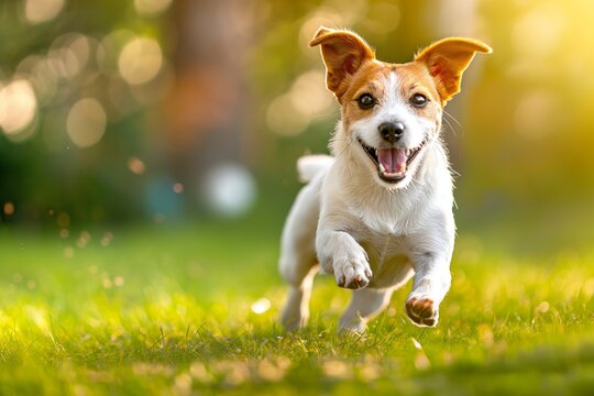 A lively Jack Russell terrier dog is captured dashing towards the camera across a lush green lawn. The dog's expression reveals a sense of excitement and exuberance.