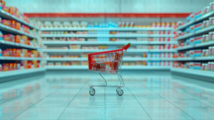 Shopping concept, cart with goods on supermarket background