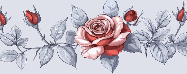 Line rose with leaves. vector simple illustration