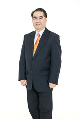 Asian senior businessman, an old man with black suit orange necktie, feel happy, smiling, good health isolated on white background. Concept for senior business successful professional.