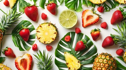 An artistic pattern of sliced pineapples and strawberries, mixed with lush green tropical leaves, creating a fresh summer vibe, isolated on a white background