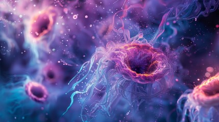 Obraz premium Abstract microbial forms, eye-like features embedded within, eerie yet captivating, deep blues and purples, luminescent highlights