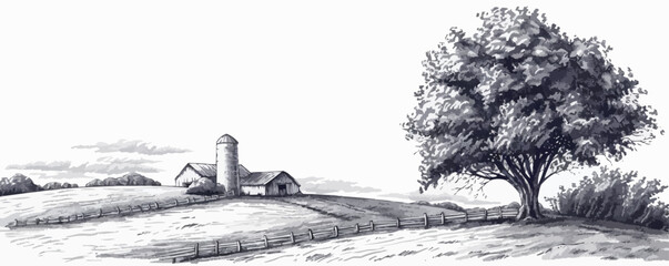 Rural landscape, tree and farm. Vector hand drawn vintage engraved sketch. vector simple illustration