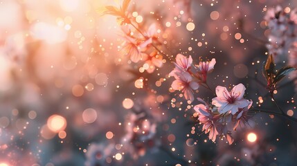 A serene scene of cherry blossoms in full bloom, with a defocused background of softly glowing particles