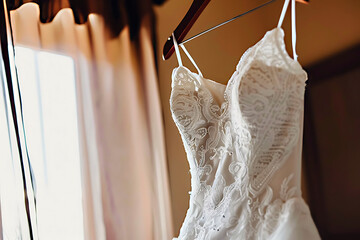 Elegant white wedding dress with lace hanging on hanger in the boutique