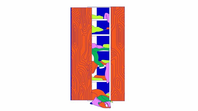 Excess clothes falling out of wardrobe line 2D objects animation. Too much clothing flat color cartoon 4K video, alpha channel. Overloaded domestic closet animated items on white background