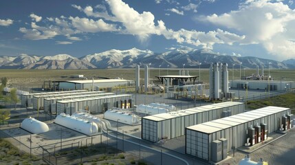 An expansive industrial gas facility set against a stunning backdrop of desert landscape and snow-capped mountains on a clear day.