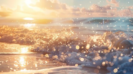 A sun-kissed beach with crashing waves, and a defocused backdrop of twinkling particles -