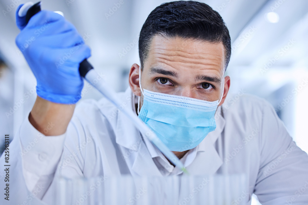 Aufkleber man, test and scientist with dropper in lab for medical health or research for vaccine in career. ma