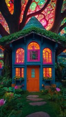A fairy tale cottage in the forest with glowing windows and a moss-covered roof.