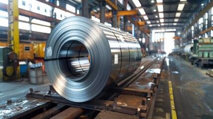 Vibrant galvanized steel coil at factory production line, industrial manufacturing process.