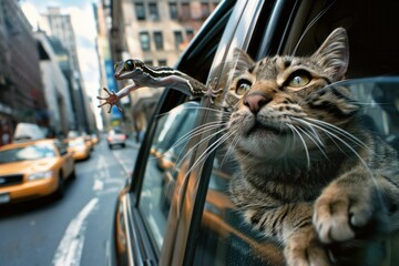 A cat is looking out the window of a taxi, with a lizard on the window sill - Powered by Adobe