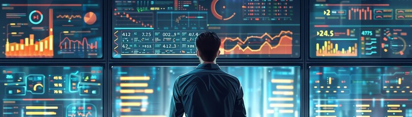 Manager using a dashboard to monitor employees performance metrics, digital illustration, hightech, detailed