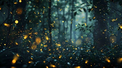 A swarm of fireflies in a dark forest, with a background of abstract particles of light