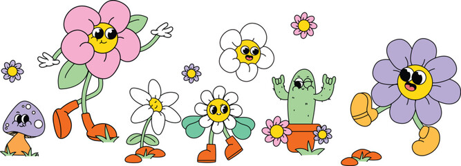 Set of Cute funny characters Geometric flower Figures with face emotions.  Hand drawn trendy Vector illustration for kids. 