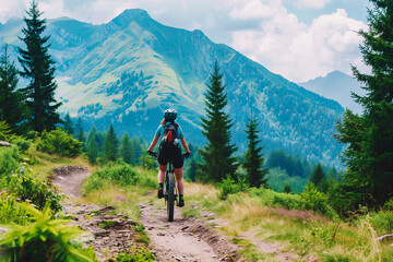 A woman is riding a bike on a dirt road in the mountains