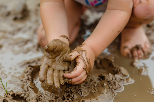 Joyful Child's Hands Playing with Mud in Kids' Zone