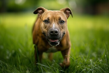 A lively dog is captured dashing towards the camera across a lush green lawn or meadow. The sun is shining. The dog's expression reveals a sense of excitement and exuberance.