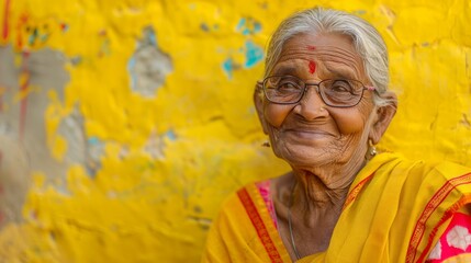 A smiling old Indian woman wearing glasses and a yellow sari - Powered by Adobe