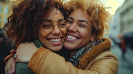 Two joyful friends, with curly hair, are happily embracing and smiling while standing on a sunny day in a busy city street.