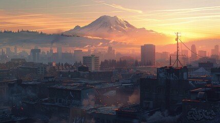 View of cityscape with Mount Rainier in background