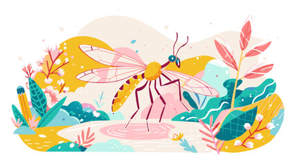 Colorful Illustrated Scene of Dragonfly Over Tranquil Waters