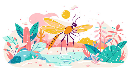 Vibrant Illustrated Dragonfly Landing on Water in a Pastel Nature Scene