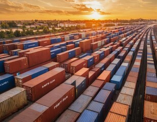 Fototapeta premium A large number of shipping containers are stacked in a row