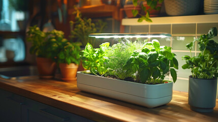 LED-lit hydroponic herb garden on kitchen countertop