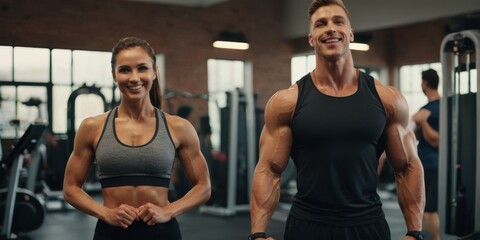 Naklejka premium A man and a woman are smiling and flexing their muscles in a gym
