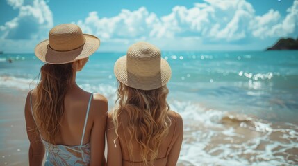 Fototapeta premium Unconditional Love: Supportive Mother and Transgender Daughter Bonding at Beach