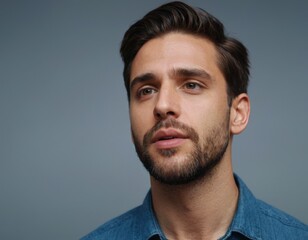 Obraz premium A man with a beard and a blue shirt is looking at the camera