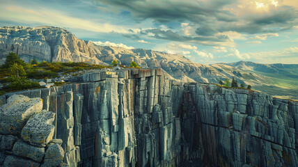a striking scene of fault-block mountains with dramatic rock formations - Powered by Adobe