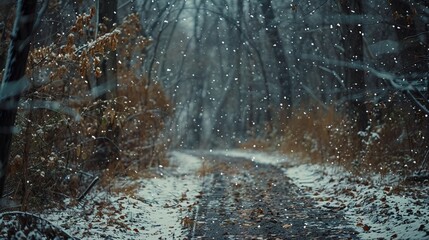 View of empty trail during snowfall