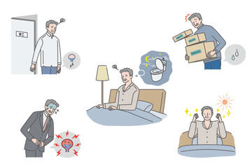 シニア男性の尿トラブル（尿漏れ・残尿感・夜間頻尿・膀胱炎）イラストセット