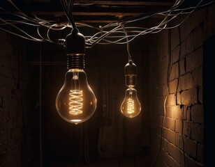 Two vintage light bulbs glow warmly in a dark brick room with tangled wires overhead.. AI Generation